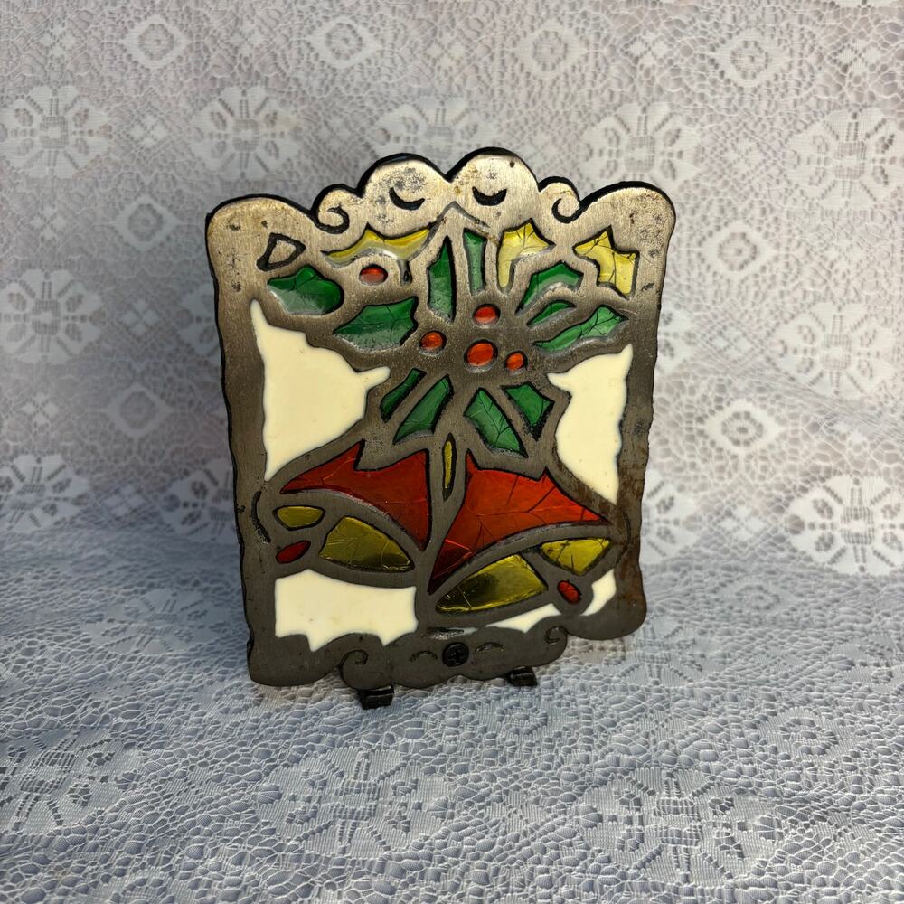 Vintage Stained Glass Christmas Bell Holly Votive Candle Holder Metal
